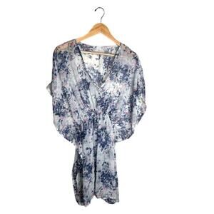 Floral Cover Up One Size Sheer White Blue Purple Knee Length V Neck Lightweight